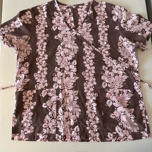 Floral V-Neck Wrap Scrub Top - Pink and Brown